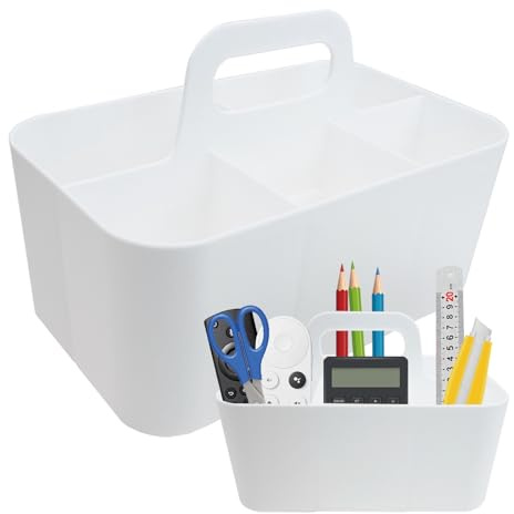 Cesta Organizadora Multiusos de Plástico con Asa, 5 Compartimentos, Cesta Portátil para Manualidades y Escritorio, Cesta de Material de Arte y Maquillaje (Blanco)