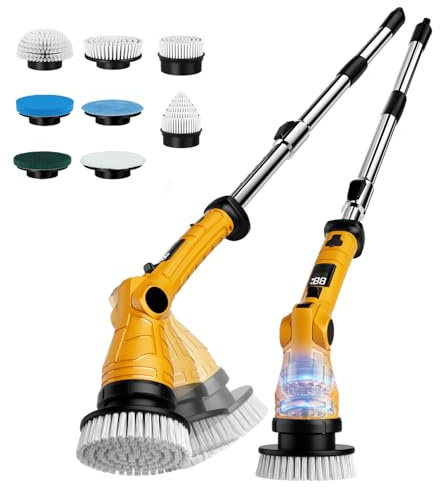 Electric Spin Scrubber with 8 Replaceable Brush Heads 6 Adjustable Angle Waterproof LED Display Cordless Cleaning Brush Supplies Bathroom Cleaner Set Long Handle Power Scrubber for Shower Floor Tub