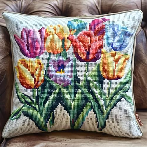 Wallphantom Blumen Kreuzstichkissen Set,Bunte Tulpenblüten,Kissenbezug Zum Sticken Kreuzstich,45X45cm Stickkissen mit Muster Stickset Kreuzstich Kissen