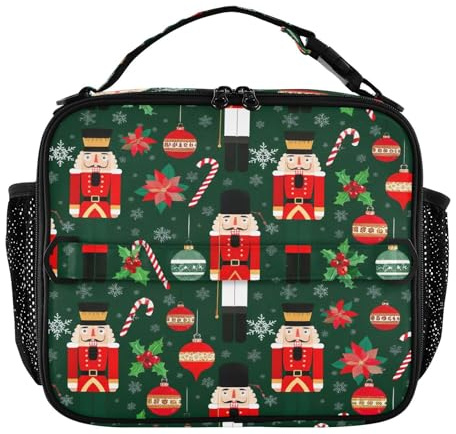 RPLIFE Bolsa térmica verde cascanueces de Navidad, lonchera aislada con correa para niños y niñas, escuela, 11.2 x 3.5 x 9.8 pulgadas