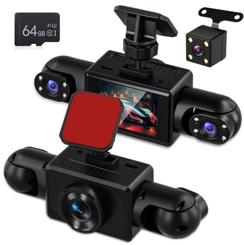 NHOPEEW Dash Cam a 4 canali anteriore e posteriore - Telecamera per auto a 360 gradi con display da 2 pollici, visione notturna IR, registrazione in loop, rilevamento del movimento + scheda TF da 64G