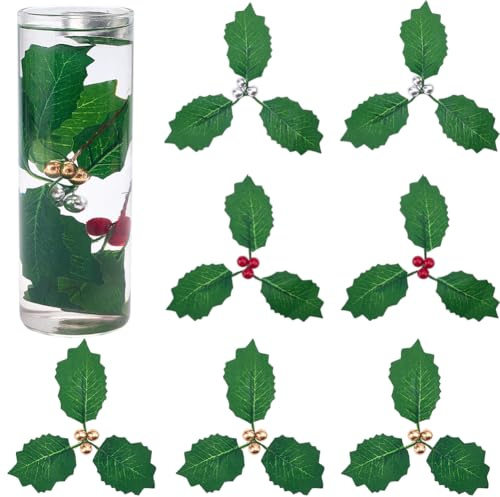 SUNNYCLUE 3 Color 45 Piezas de Bayas de Acebo Navideñas, Hojas de Acebo Artificiales A Granel, Verde, Dorado Y Plateado, Hojas Artificiales, Ramas, Tallos, Decoración, Coronas, Rellenos para Árbol de