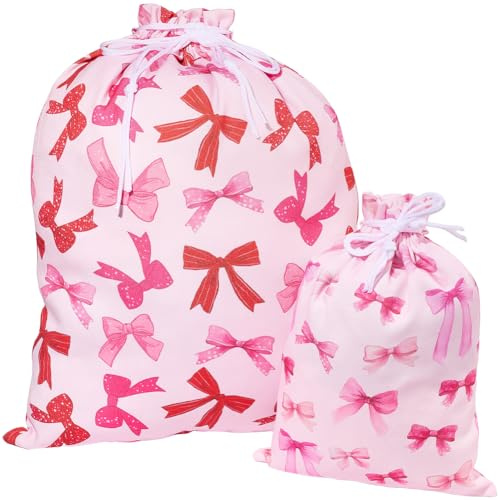 CREATCABIN 2 Stück Geschenkbeutel Mit Schleife Kordelzug Stoff Rosa Schleife Bedruckt 20große Und 12kleine Wiederverwendbare Geschenkverpackungssäcke Polyester Kokette Geschenkbeutel Für Geburtstag