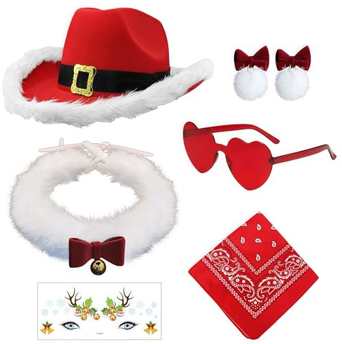 CARxlythic Rotes Western Cowgirl Hut 6 teiliges Set, Weihnachtsmann-Design. mit Weißer Krempe Festliche Weihnachtsmütze für Western Partys und Weihnachtskostüme Damen und Herren