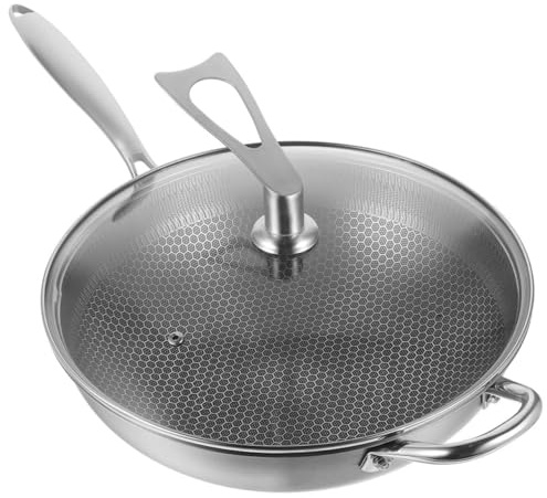 Artibetter Padella Wok in Acciaio con Coperchio Superficie Antiaderente Nido a Esagoni Resistente e Leggera Adatta Cucine Induzione e Uso Quotidiano
