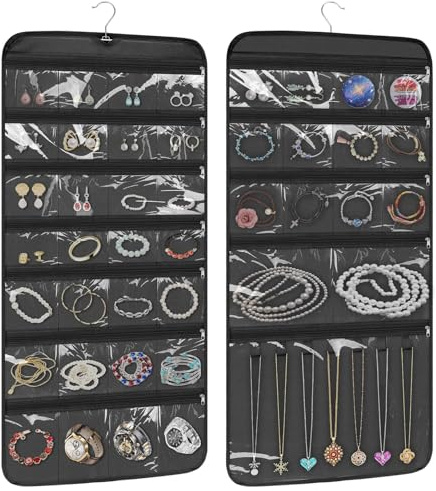 EEEKit Hängende Schmuckaufbewahrung, Schmuck Aufbewahrung Hängend mit Reißverschlusstaschen, Doppelseitiger Schmuckschrank für Reisen