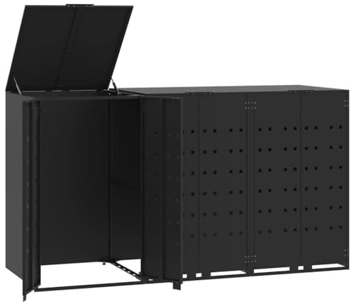 Cache Poubelle Extérieur Triple, Abri Rangement de Poubelle pour 3 bacs Noir Acier