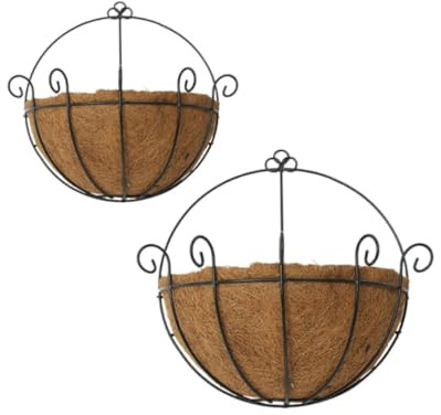 SMELEYOU Cestino per fioriera da parete in metallo con fodera in cocco, ganci per vasi da fiori filo metallico semitondo, per interni ed esterni, decorazione per portico da giardino, 2 pezzi