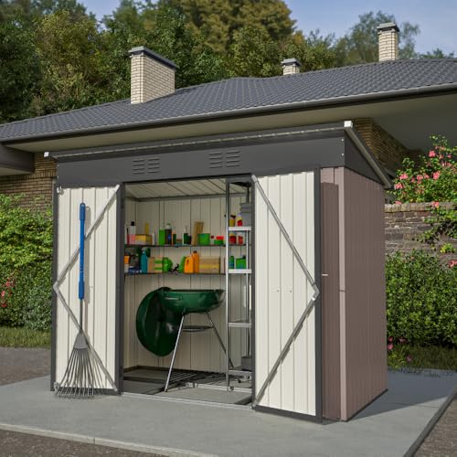 Abri de Jardin métallique 2,4 x 1,2 m avec Fondation métallique (sans Plancher), résistant aux intempéries, pour terrasse ou Jardin, Marron