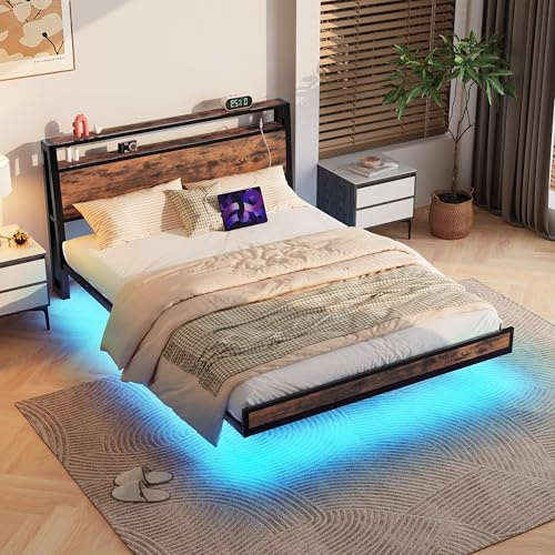 BORPHOM Sängram 120 x 200 cm med svävande visuell effekt, säng med LED-belysning, laddningsstation, ungdomssäng dubbelsäng, för sovrum, gästrum,rustik brun | Svävsäng 120 x 200 med LED-belysning, laddningsstation, metallsäng med sänggavel, ungdomssäng, gästsäng, dubbelsäng/enkelsäng