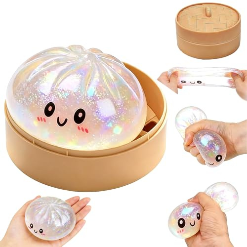 FAFLNRSC Dumpling Squishies 2026, Squishiest Bun Dumplings with Steamer Box Glitter Dumpling Dampfgarer, Mystery Dumplings Trend mit Box Geschenkidee für Kinder und Erwachsene (Weiß)