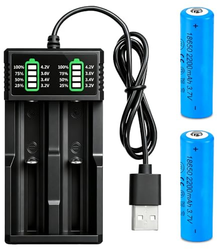 18650 Akku Ladegerät, SGZIOO Wiederaufladbarer 3,7V Akku mit Ladegerät, 2 Stück 2200mAh Wiederaufladbarer 18650 Akkus mit Erhöhtem Pluspol, Intelligentes Akkuladegerät für Taschenlampe, Kamera