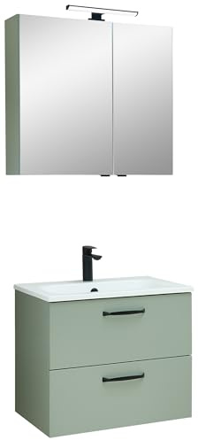 Pelipal - Quickset 500 - Badmöbel-Set - 61 cm - Badset, Waschplatz, 3-teilig mit Spiegelschrank, Mineralmarmor-Waschtisch usw. in Salbei/Riviera Eiche NB