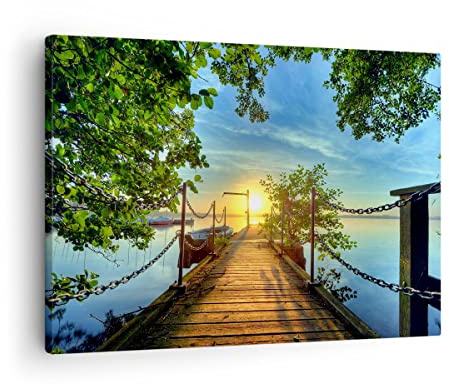 Moderne Impression sur Toile Lac coucher de soleil bateau paysage Image Tableau Decoration Murale 70x50cm Deco Décoration Salon Chambre Horizontal Tableaux Decoratifs Muraux Art Wall AA70x50-2573