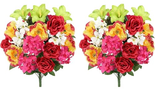 Admired By Nature Artificial Flower Arrangement 24 Stems 2 Piece Bouquets with Poppy, Rose, Hydrangea Mix (Velvet, Yellow, Lavender) - For Home Decor, Weddings, Parties, Events, Funerals
