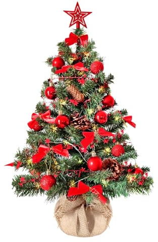 Weihnachtsbaum künstlich (WBD) 75 cm grün mit Weihnachtsdeko rot und Led Lichterkette mit Batteriebox und Fernbedienung künstlicher Christbaum klein Tannenbaum