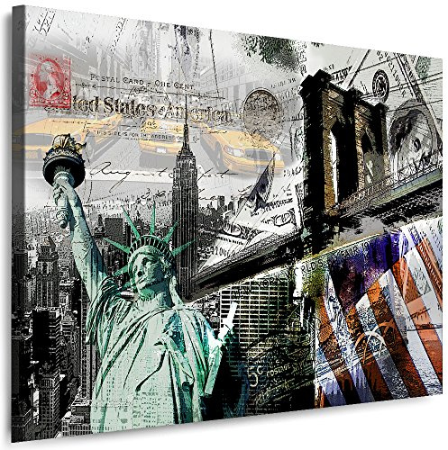 Julia-Art Leinwandbilder Skyline - New York Bilder - XXL Wandbild mit Keilrahmen - 120 mal 80 cm - Querformat 1 teilig - Schwarz Weiß Kunstdrucke Stadt NY City Statue, Brücke N-c-100-a-104