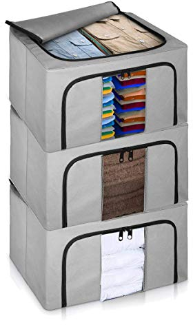 LIVIVO Set of 3 Storage Bags Boxes Organiser With Double Opening Zips Clear Windows Great for Storing Duvets Blankets, Bedding, Clothes Towels, Sweaters Toys - Under Bed Closet Wardrobe Box