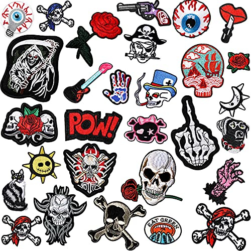 WILLBOND 30 Stück Rock Punk Band Patch Set - Aufbügel Patches Verschiedene Bestickt Muster - Schädel Augapfel für Halloween Jacken Hut Kleidung Taschen Dekoration