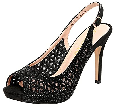 DREAM PAIRS Women's High Heels Platform Dress Rhinestones Peep Toe Pumps Shoes,Size 7.5,Black/Suede,Invest