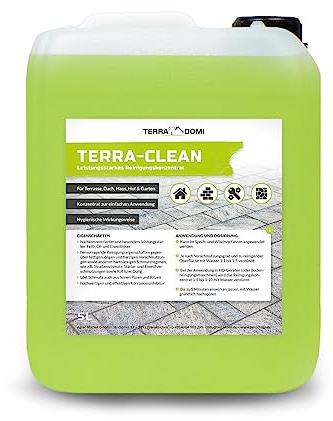 TerraDomi Terra-Clean, Reinigungsmittel für hartnäckige Verschmutzungen, wirksamer Power-Reiniger für Terrasse, Dach, Haus, Hof & Garten, vielseitige Anwendungsgebiete (5 Liter)