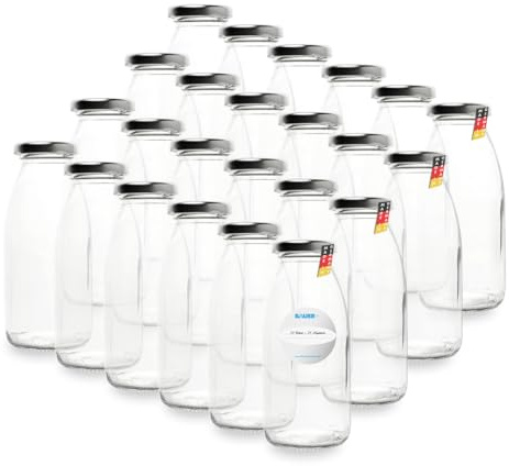 Flaschenbauer - 24x Glasflaschen 250ml mit Deckel TO43 Silber - Flaschen zum Befüllen inkl. Etiketten, Saftflaschen, Milchflaschen, Vorratsflaschen, Einmachgläser, Smoothie Flaschen - Made in Germany
