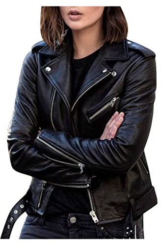 Freenfitmall Short Style Slim Leather Coats Motorcycle Leather Jacket Women's Slim Fit Zipper Plus Size Fashion Casual Jackets (Black,Asian Size M)