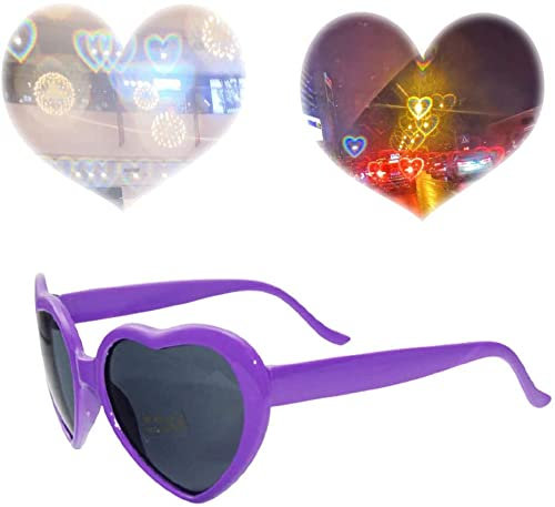 Yanyan Brille, Herz-Effekt, Beugungsbrille, Pfirsich-Herz-Effekt, Beugung, Rave-Gläser, herzförmige Effekte, Sonnenbrille, leichte Brille für Party, Unisex (Violett)