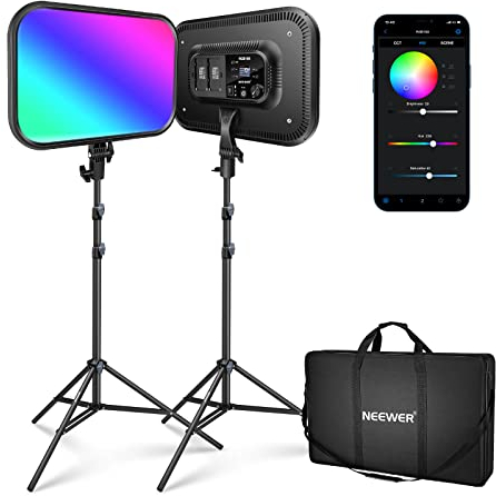 NEEWER RGB168 18.3 RGB LED Video Panel Light with App Control, 2 Pack Tripod Stand Kit, 60W/360° Full Color/2500~8500K/CRI97+, Studio Photography/YouTube Recording/Game Streaming Key Lighting