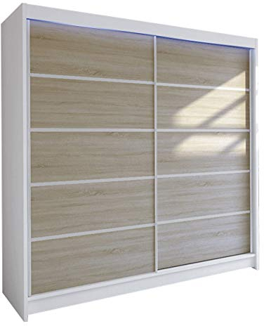 Mirjan24 Kleiderschrank Talin IV, Garderobenschrank mit Kleiderstange und Einlegeboden, Schlafzimmerschrank, Dielenschrank, Schiebetürenschrank (mit RGB LED Beleuchtung, Weiß/Sonoma Eiche.)