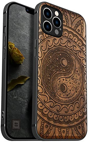 Carveit Coque en Bois pour iPhone 12 Pro Max Compatible avec MagSafe et Chargement sans Fil Étui de téléphone Antichoc de 12 Pro Max Etui magnétique TPU Bumper (Noyer-Yin Yang Cachemire)