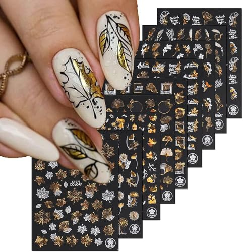 9 Blätter Herbstblätter Nagel Aufkleber, Weißer Laser Gold Ahornblatt Nagel Kunst Aufkleber Herbst Nagelsticker Selbstklebend Nagelabziehbilder Herbstlaub Nageldesign Nail Art Dekoration Nail Sticker
