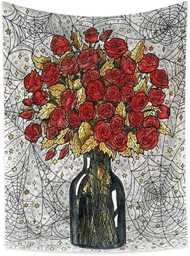 874 Wall Tapestry Red Roses Vintage Retro Spider Web Yellow Leaves Starlit Vase Jardiniere Flower Plant Aesthetic Decoration Tapestry Colorful Wall Decor Beach Blanket Wall Hanging 152x130 cm