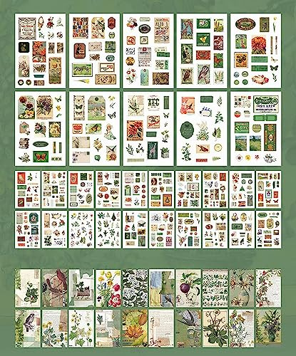 Shulian 30 Blatt 600+ Stück Scrapbook Sticker Set, Vintage Sticker & 20 Blatt Scrapbook Papier, Grüne Blumen & Tiermotive, für Scrapbooking, Bullet Journal & mehr