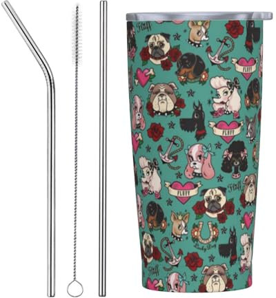 EgoMed Reisebecher, 20 Unzen Edelstahl-Isolierbecher, Kaffeetasse, Autotasse, Reiseflasche, Tattoo-Hunde-Blaugrün