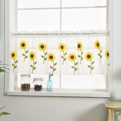 Transparente Halbvorhänge for Fenster und Türen, 50 x 150 cm, rustikaler Blumen-Netzvorhang, Tulpen/bunte Blumen/Gänseblümchen-Stickerei, Fenstervorhänge for Badezimmer, Küche, Balkon ( Color : C )