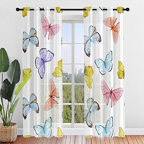 ENEN Vorhänge Wohnzimmer, Gardinen mit Ösen, Halbtransparent Gardinen Wohnzimmer, Schlaufenschal 2er Set für Kleine Fenster Küche Wohnzimmer Landhaus (132x182cm,Bunter Schmetterling)
