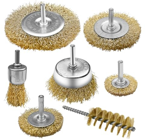 Dunkwckore 7-Teiliges Drahtbürste Bohrmaschine set, Rundschaft 6mm Messingbürste Bohrmaschine, Stahlbürste, Drahtbürste Akkuschrauber, Akkuschrauber Schleifaufsatz, Topfbürste Stahlbürsten für Bohrer