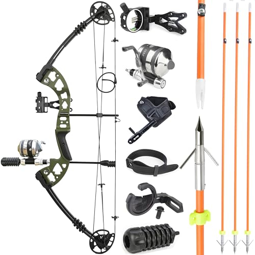 Bowfishing Compoundbögen Kit mit Bowfishing Reel, Bogen Angeln Pfeile, 30-55Lbs, Links/Rechts Hand Bogen für Erwachsene/Jugendliche Angeln Jagd (Olivgrün, Rechtshänder-Bogen)