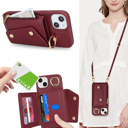 Zouzt for iPhone 15 Plus Case with Card Holder and Strap, Card Slots Zipper Wallet Phone Case PU Leather Crossbody Lanyard Drop Protection Cover for iPhone 15 Plus 6.7 inch - Burgundy