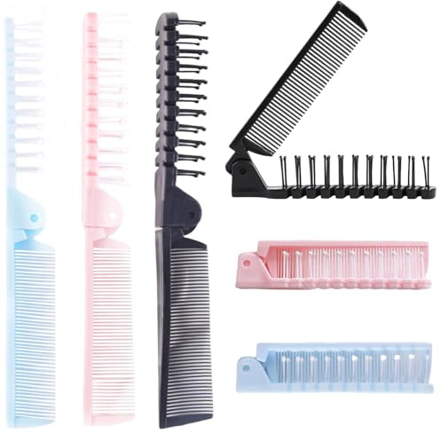3 Pcs Folding Hair Brush and Comb, Plastic Portable Travel Hair Brush Pocket Hair Comb Double Headed Massage Hair Comb for Thick Thin Hair (Black Blue Pink)