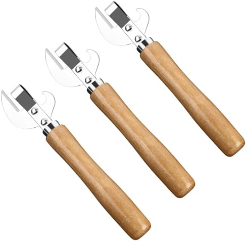 Abrelatas de metal manual ergonómico y seguro de 3 piezas, removedor de tapa de lata de corte lateral con mango de acero y agarre de madera, herramienta de cocina profesional para aberturas sin