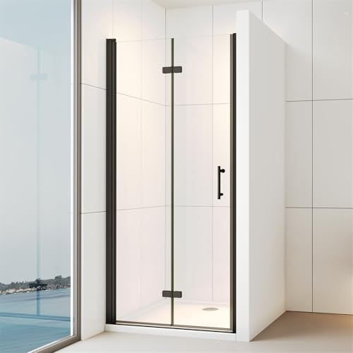 IMPTS Duschtür Schwarz 75cm Falttür Duschkabine Nischentür Duschfalttür Dusche 180° Duschwand Glas 6mm ESG-Sicherheitsglas NanoBeschichtung, Höhe 195cm