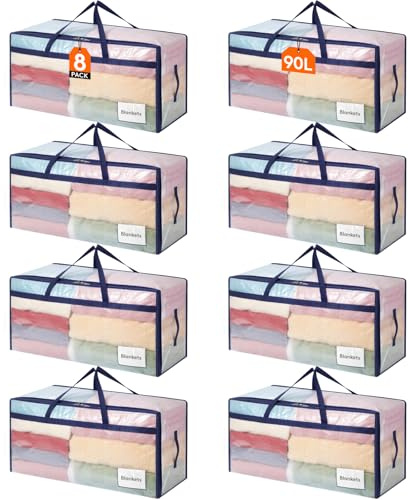 Lifewit Set di 8 Grandi Scatole per Armadio 90 L, Borse Trasloco con Manici, Contenitore Pieghevole per Piumoni, Coperte, Vestiti, Trasparente