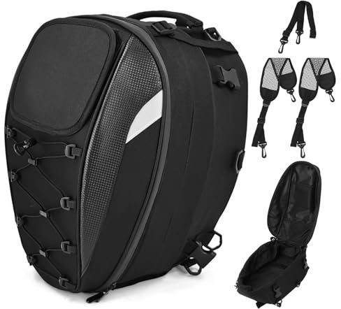WODHMIEY 45L Motorrad-Hecktasche, Heckhelmtasche aus Oxford-Stoff, wasserabweisend, mit Reflektoren und Netzfach, erweiterbarer Rucksack mit Schultergurt Rückenpolster für Touren Pendler Fahrer Reise