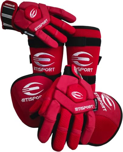 ETISPORT Schutzset, Handschuhe, Knieschützer, Schienbeinschützer für Rollhockey für Kinder Starter. Professionelle Qualität; hoher Komfort und Schutz. (Rot, XS)