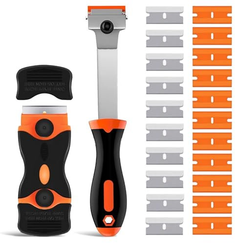 2Pcs Window Scraper Tool,Glass Scraper Long Handle Paint Scraper, Includes 10 Metal Blades and 10 Plastic Scraper Blades, Cleaning Scraper Tool for Hob Scraper, Cooktop, Windows, Sticker, Wallpaper