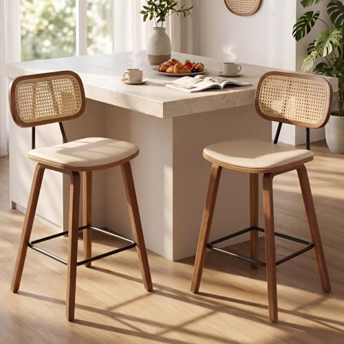 Ya-Home 2er Set Barhocker Rattan Barstuhl mit Lehne Thekenhocker mit Holzbeinen Sitzfläche aus Kunstleder modern Tresenhocker Küchenhocker für Kücheninsel/Hausbar, Beige