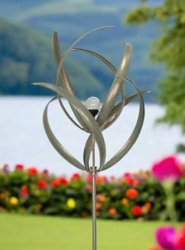 Garden Wind Sculpture Spinner, Metal Kinetic Sculpture with Glass Solar Bulb, Verdigris Green Finish, Outdoor Yard Art measuring 61 x 61 x 208cm