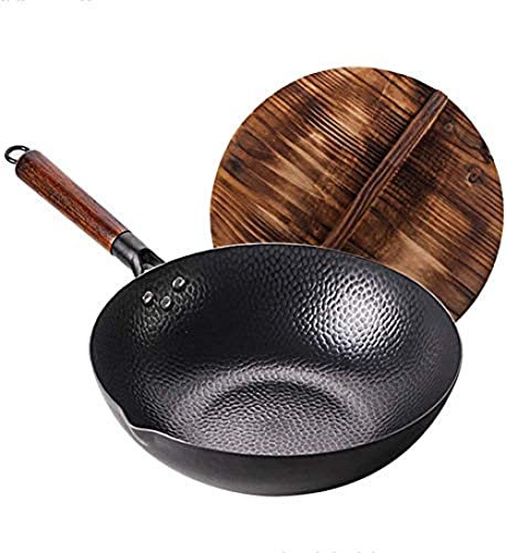 Mango de Madera, sartén de Acero de Carbono con Martillo con Mango de Madera, se Adapta a Todas Las Estufas de diámetro de Bote: 34 cm Wok